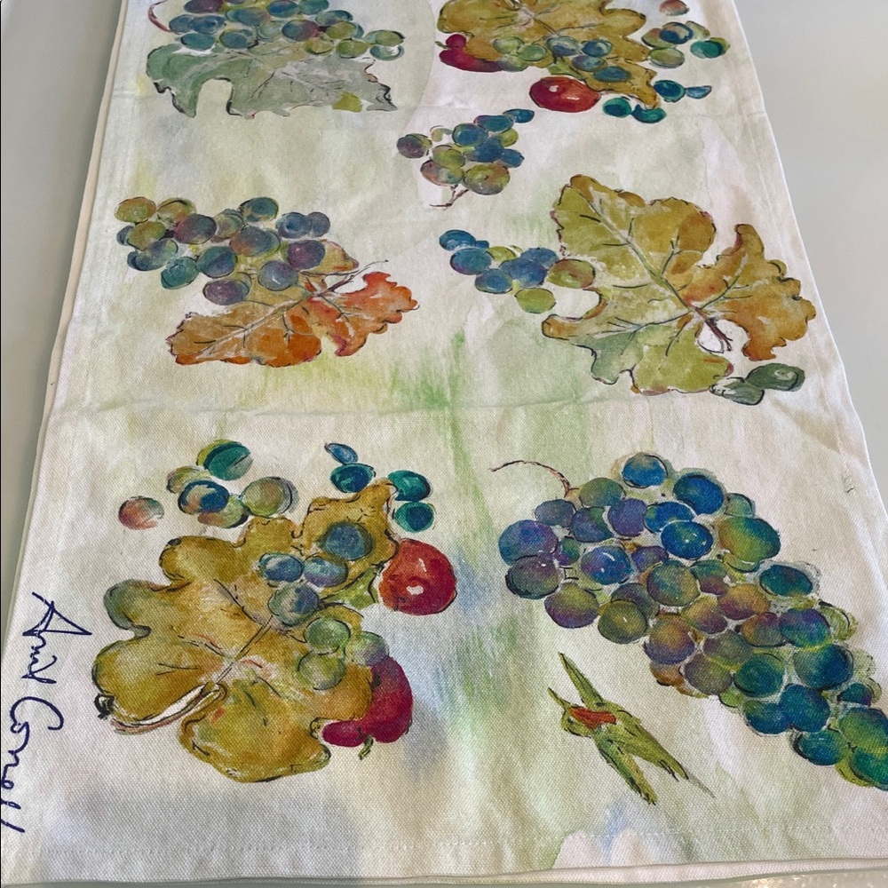 April Cornell Leaf, Grape, Fruit and bird signed Table Runner